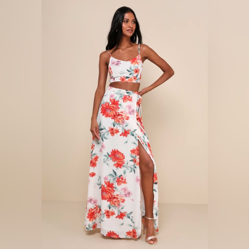 Lulu's White Maxi Skirt with Coral Floral Print